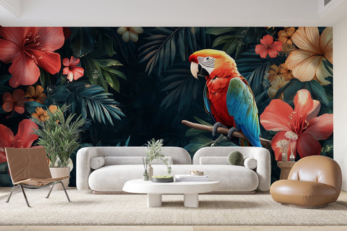 Papier Peint Oiseaux & Rapaces - Perroquet et Fleurs Tropicales