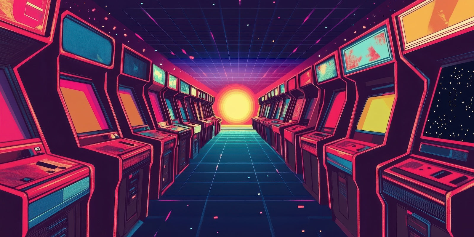 Papier Peint Rétro Gaming - Couloir de Bornes d'Arcade