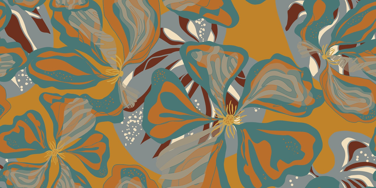 Papier Peint Floral - Grandes Fleurs Moutarde et Sarcelle