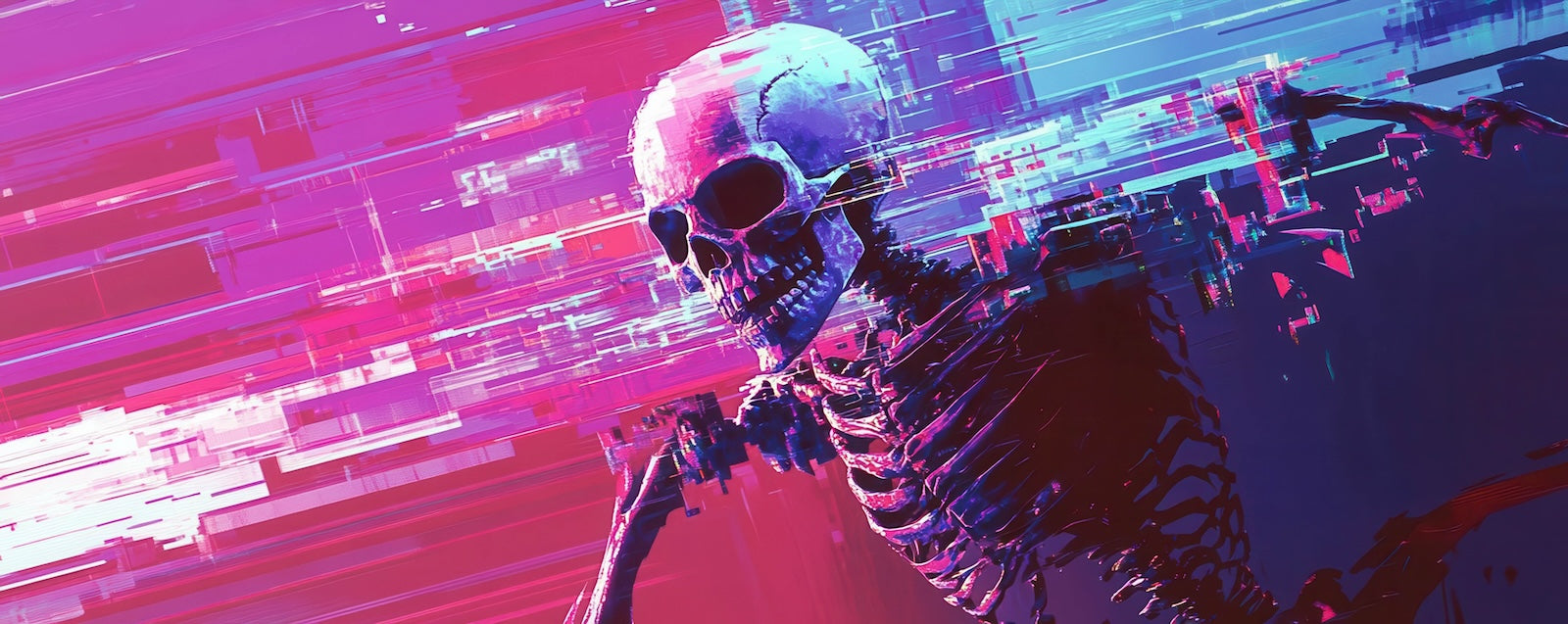Papier Peint Cyberpunk - Squelette Néon Rose et Bleu