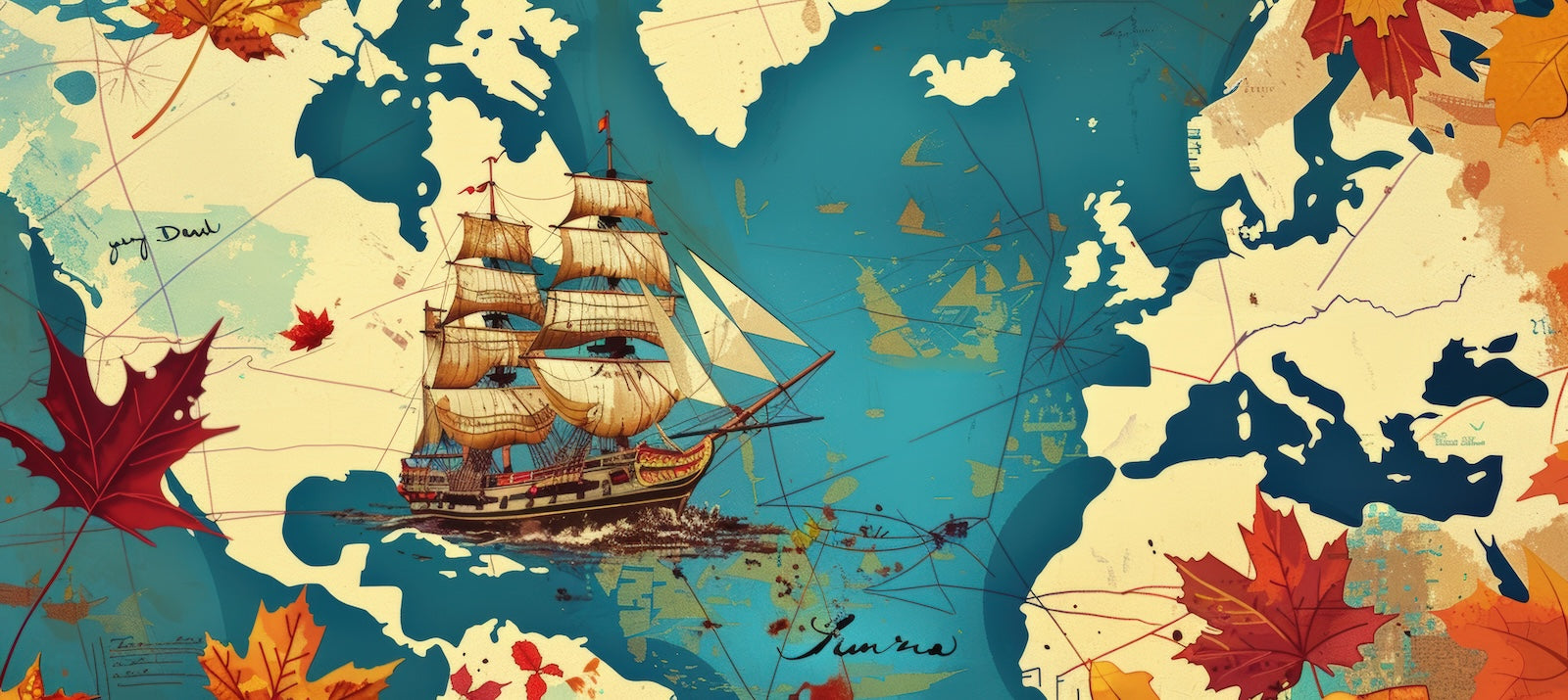 Papier Peint Carte du Monde - Navire et Feuilles d'Automne