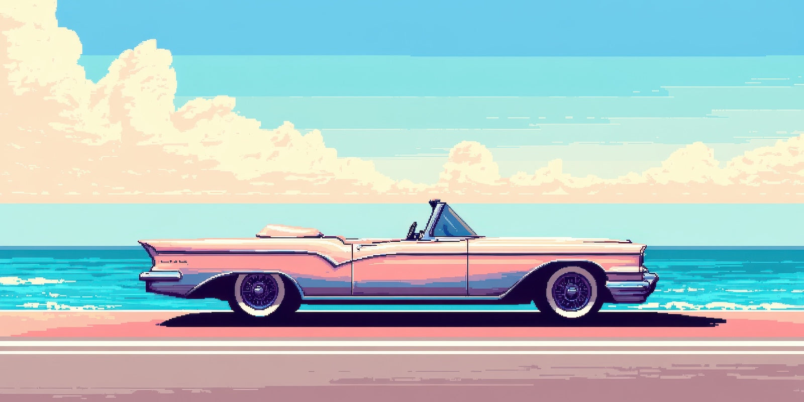 Papier Peint Rétro - Cabriolet Rose sur la Plage