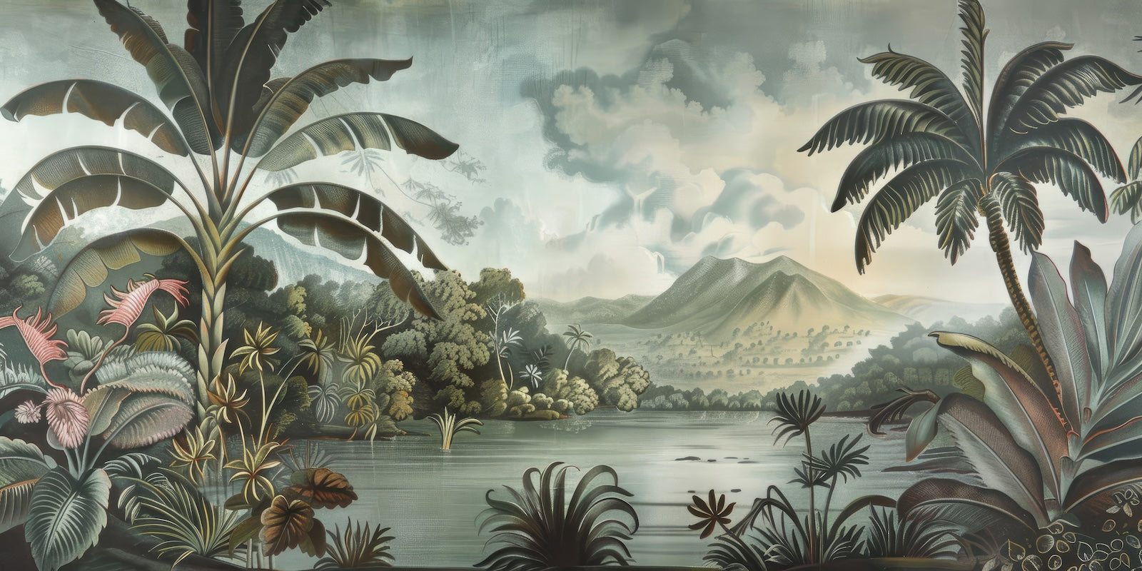 Papier Peint Tropical - Palmiers et Montagnes Peints