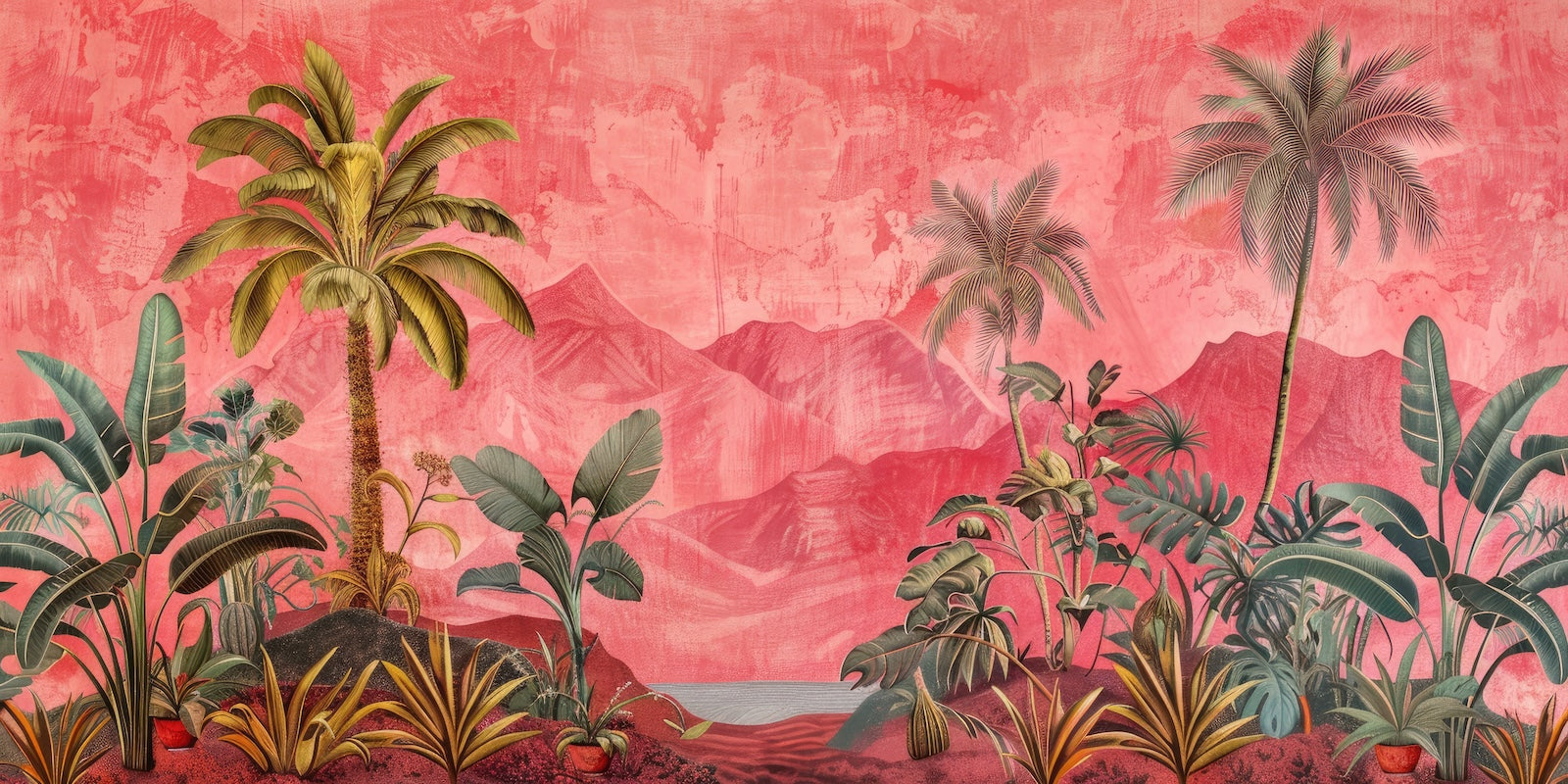 Papier Peint Tropical - Palmiers au Coucher de Soleil Rose