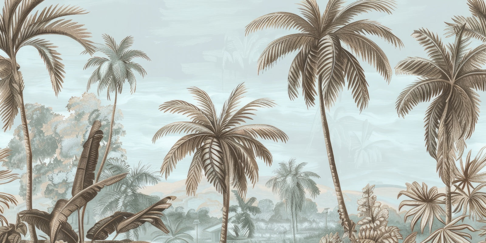 Papier Peint Tropical - Palmiers sur Fond Bleu Pastel