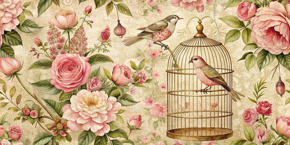 Bloemenbehang - Gouden vogelkooi te midden van rozen