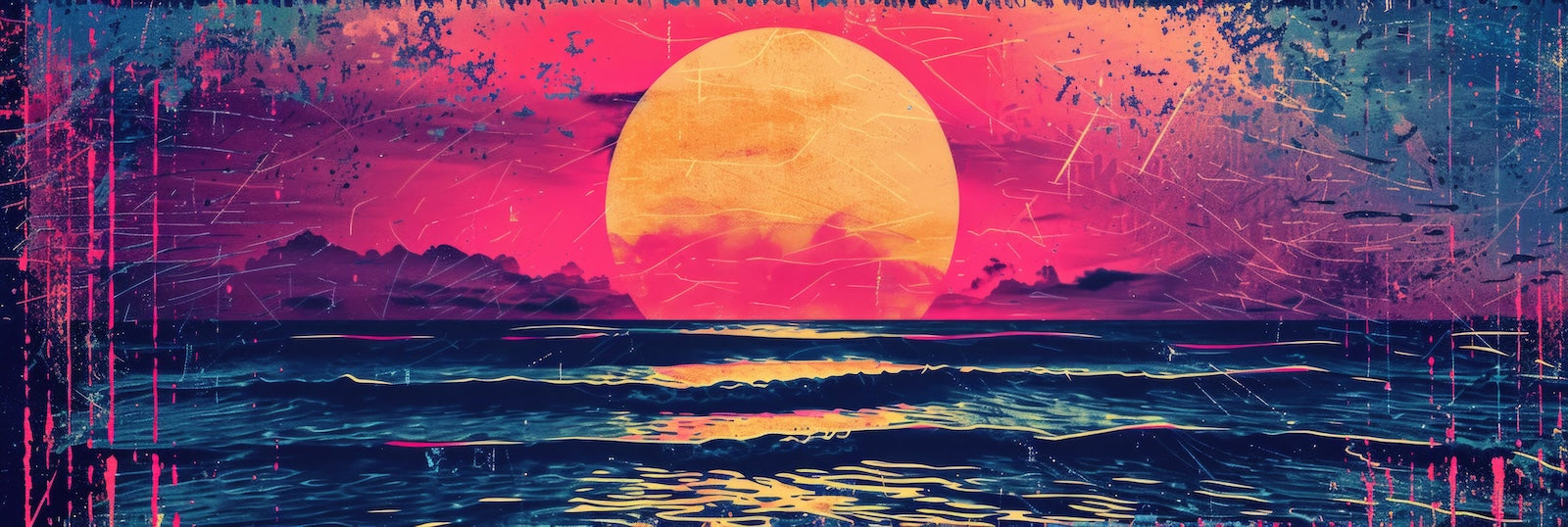 Papier Peint Rétro - Coucher de Soleil Rose et Bleu