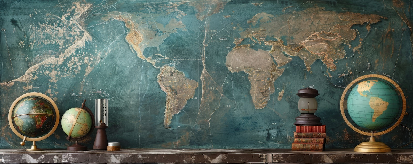 Papier Peint Illustration - Carte du Monde et Globes Vintage