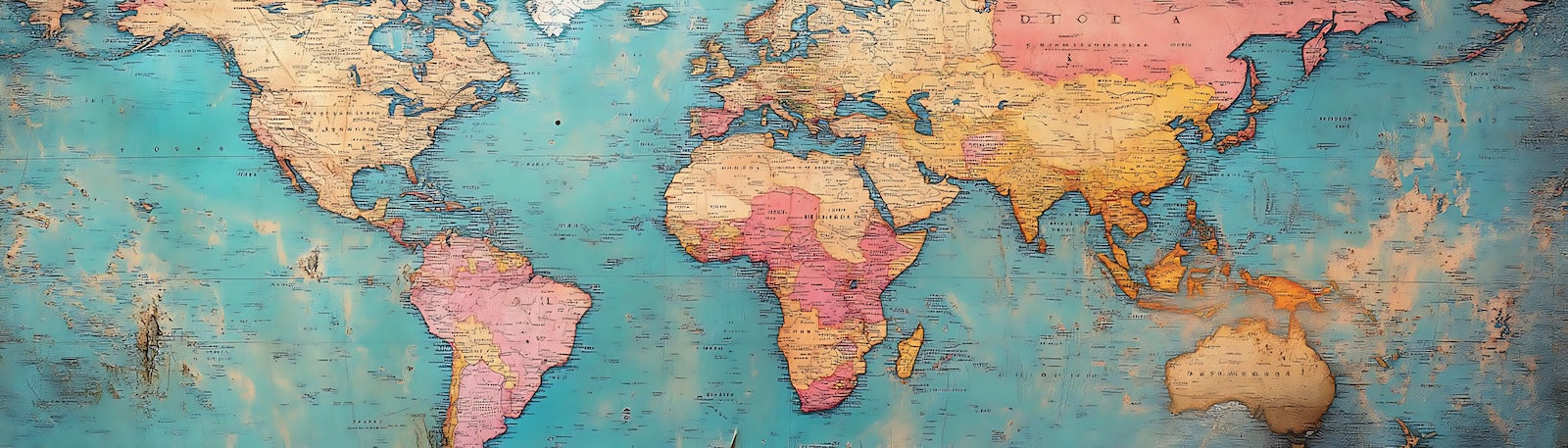 Papier Peint Carte du Monde - Vintage Turquoise et Rose