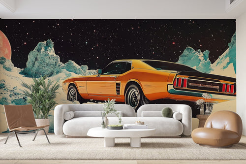Papier Peint Rétro - Voiture sur la Lune Enneigée