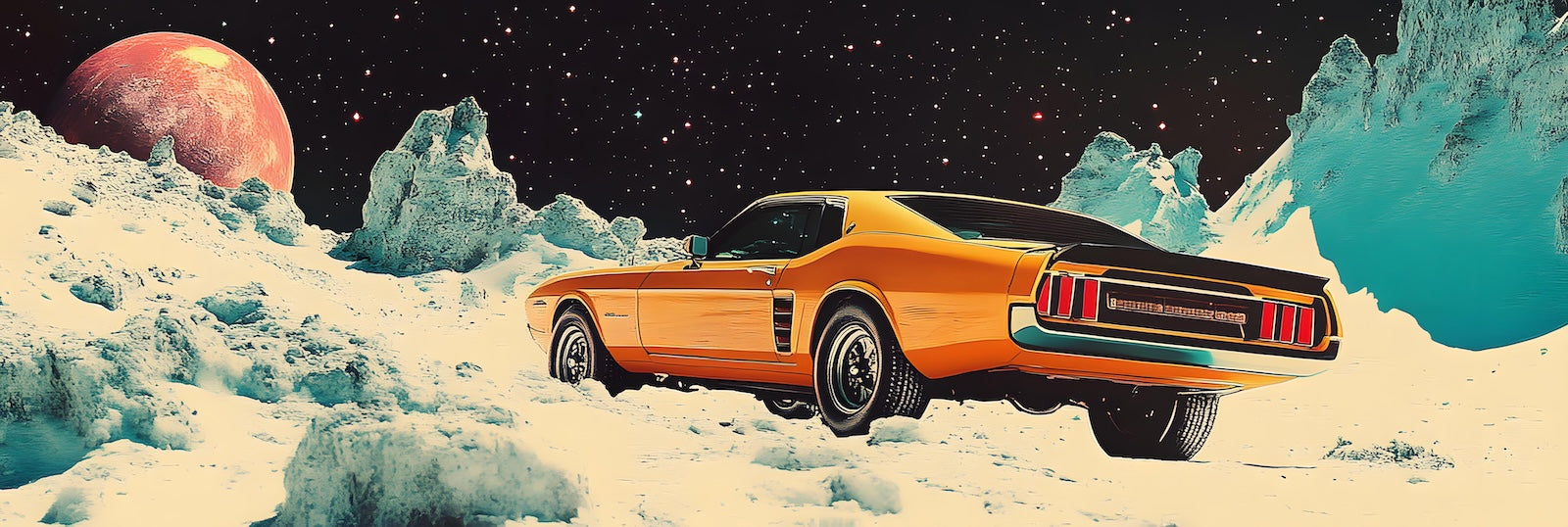 Papier Peint Rétro - Voiture sur la Lune Enneigée