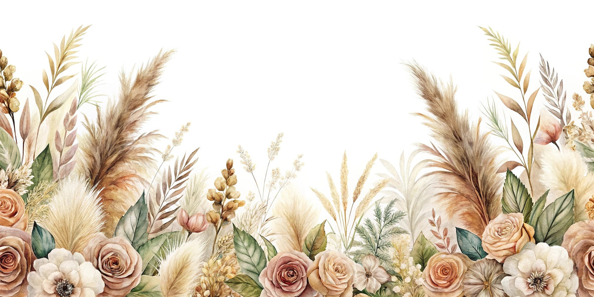 Florale Tapete - Trockengräser und beige Blumen