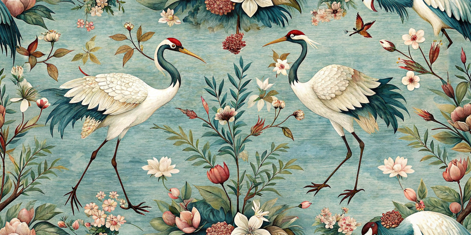 Papier Peint Animaux - Grues et Fleurs Illustrées