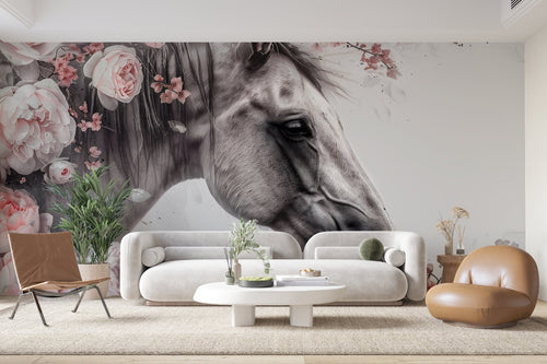 Papier Peint Floral - Cheval Blanc et Roses