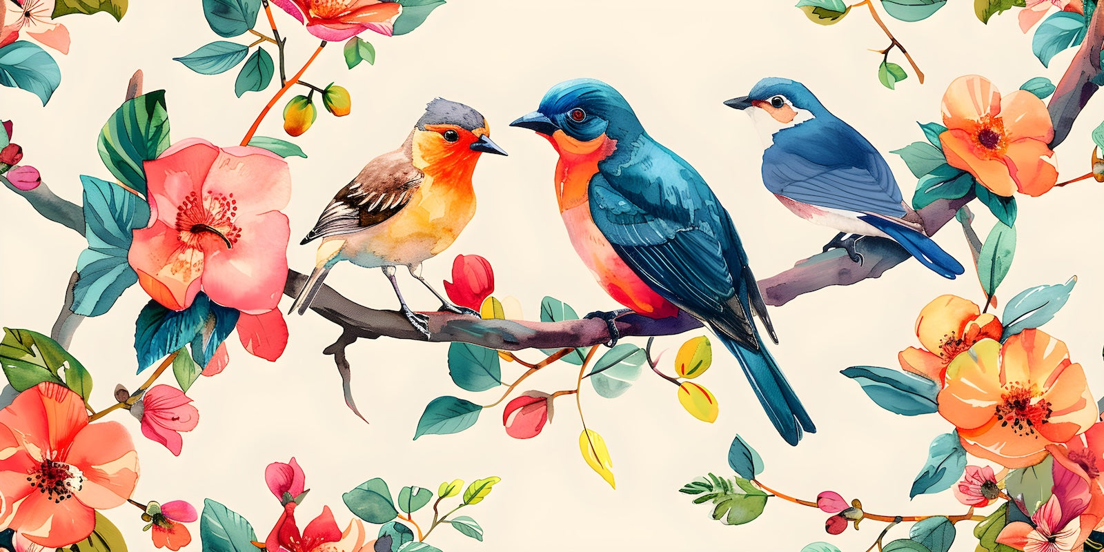 Papier Peint Floral - Oiseaux Colorés et Fleurs