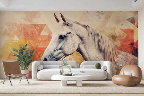Papier peint animaux - Cheval blanc devant des triangles orange