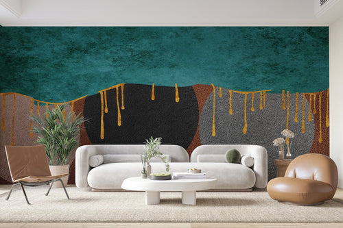 Papier peint abstrait - Coulures dorées sur fond turquoise