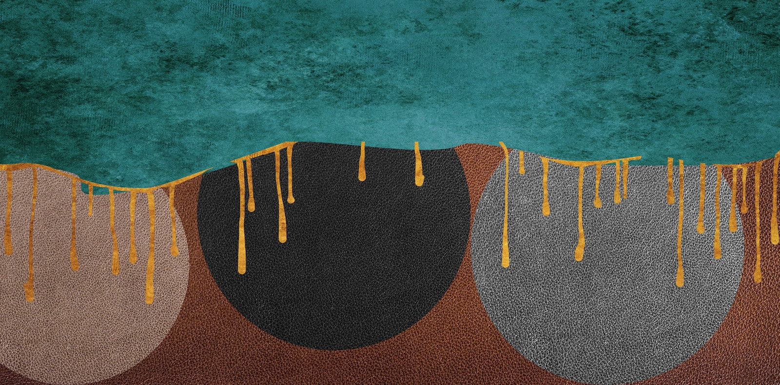 Papier Peint Abstrait - Coulures Dorées sur Fond Turquoise