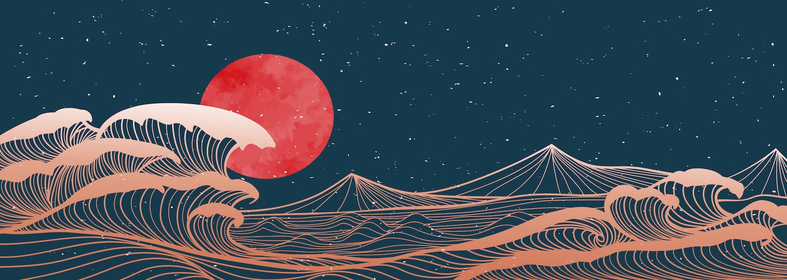Papier Peint Japonais - Lune Rouge et Vagues Nocturnes