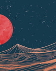 Papier Peint Japonais - Lune Rouge et Vagues Nocturnes
