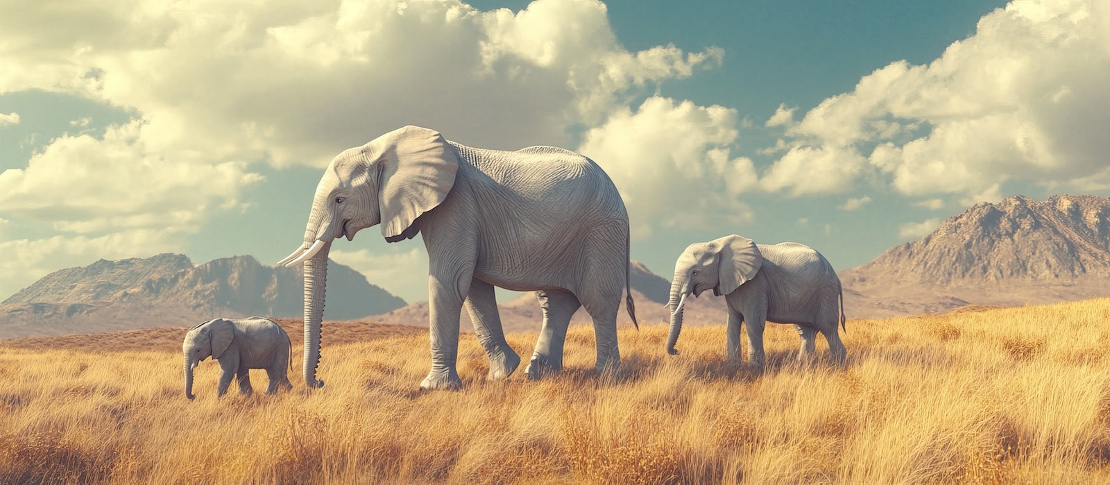 Papier Peint Animaux - Éléphants dans la Savane Dorée