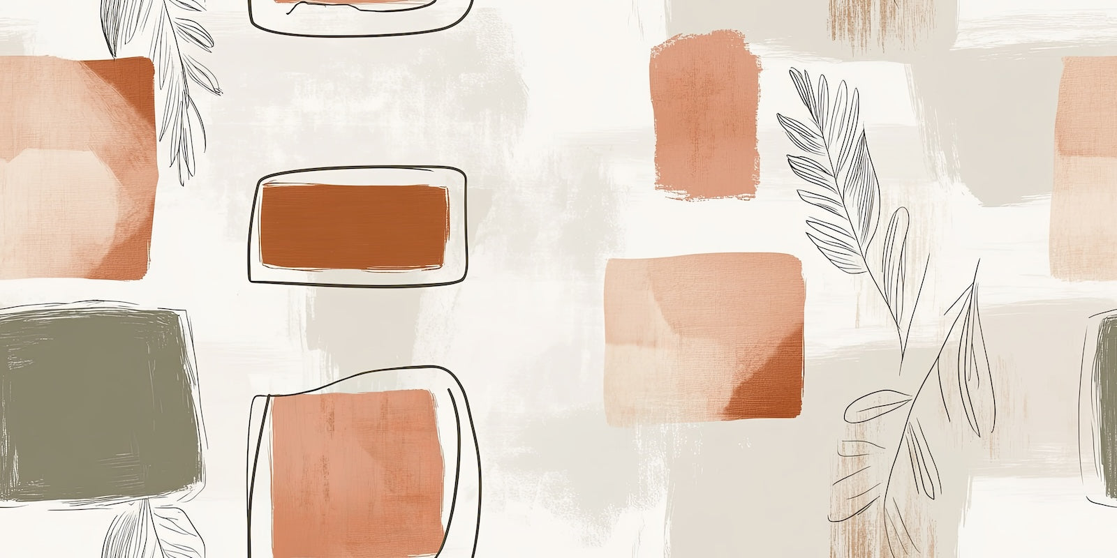 Papier Peint Abstrait - Formes Peintes Terracotta et Feuillage