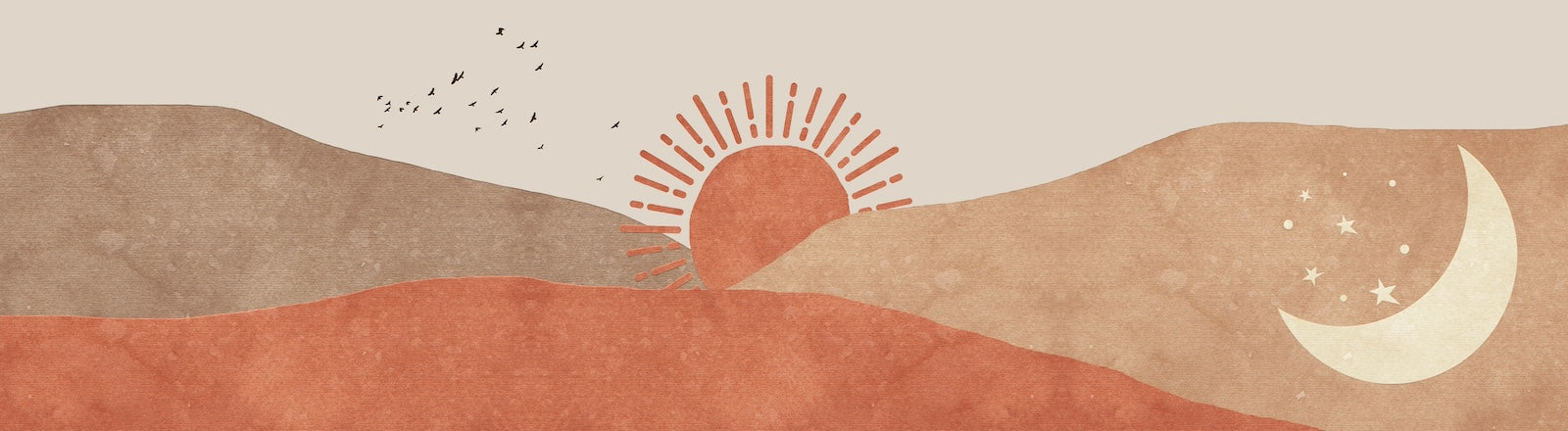 Papier Peint Bohème - Soleil Levant et Oiseaux Terracotta