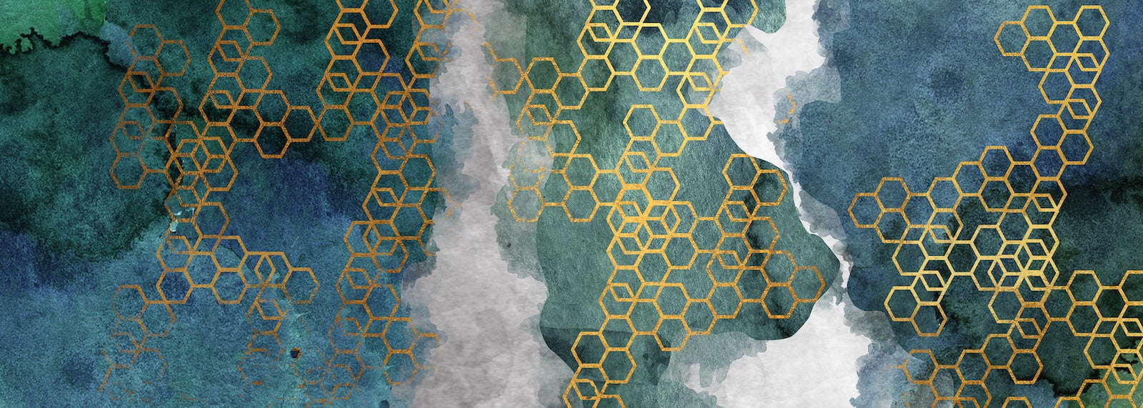 Papier Peint Géométrique - Hexagones Dorés sur Aquarelle Émeraude