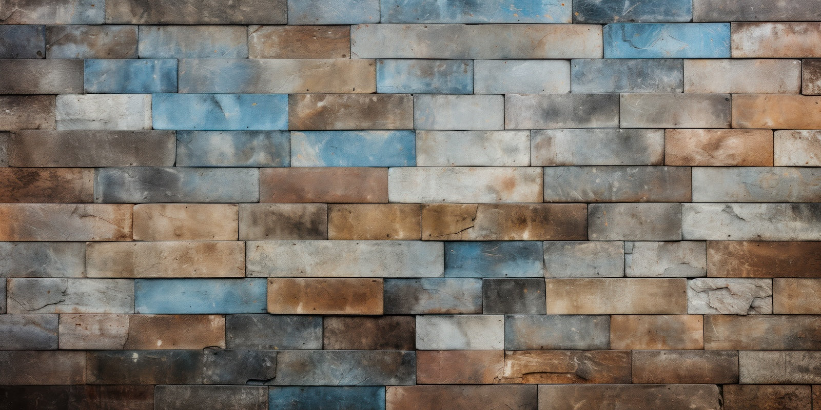Papier Peint Pierre - Briques Patinées Bleu et Rouille