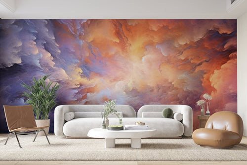 Papier Peint Nuages - Ciel Orageux Orange et Violet