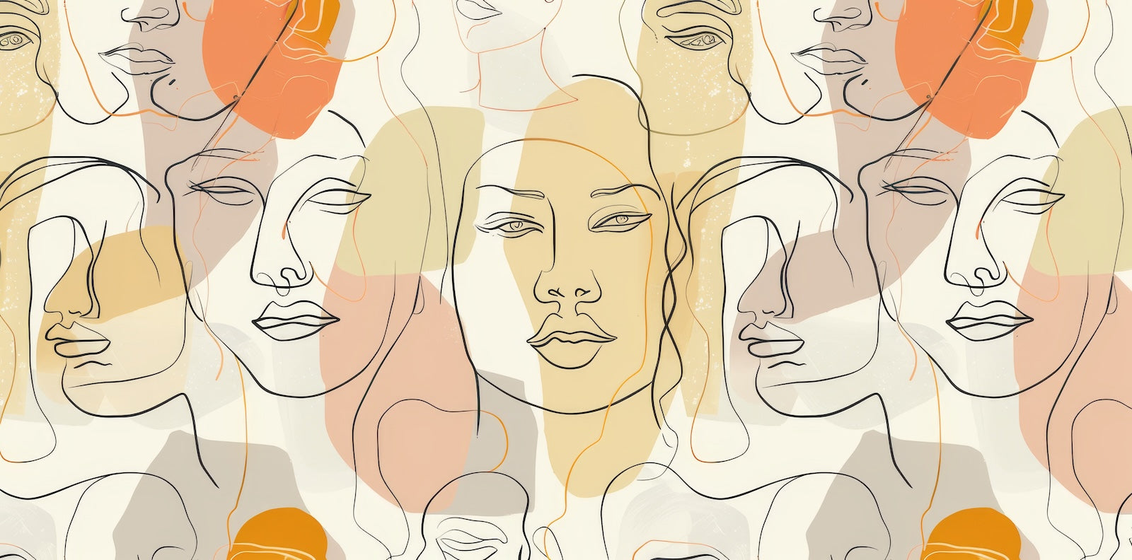 Papier Peint Line Art - Visages Féminins Pêche et Beige
