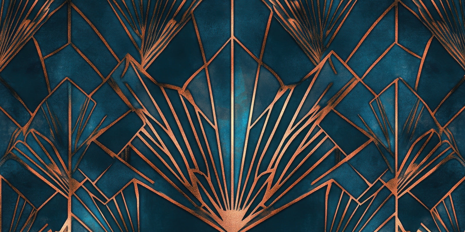 Papier Peint Art Déco - Éventails Cuivrés Bleu Pétrole