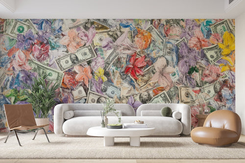Papier Peint Pop Art - Fleurs et Billets de Dollar