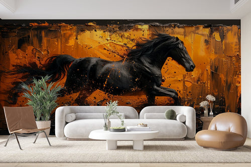 Papier Peint Animaux - Cheval Noir au Galop Doré