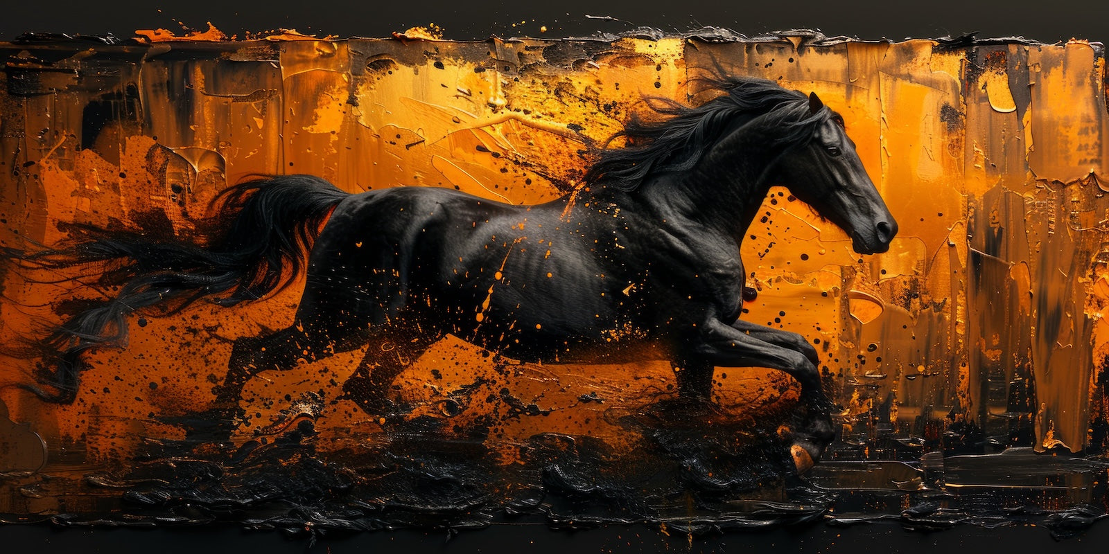 Papier Peint Animaux - Cheval Noir au Galop Doré