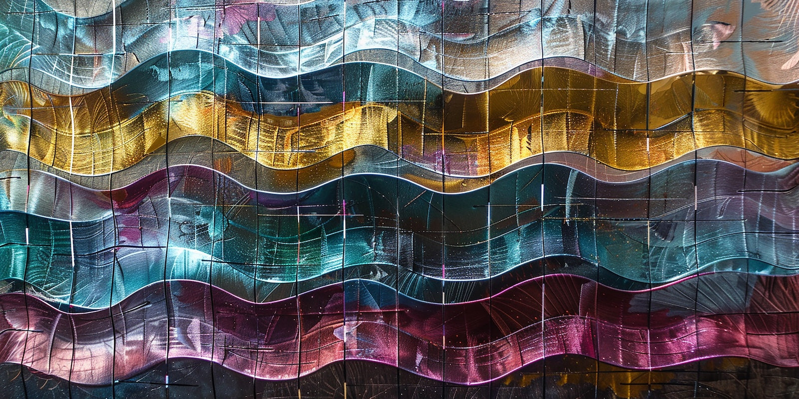 Papier Peint Abstrait - Vagues Métalliques Dorées et Bleues