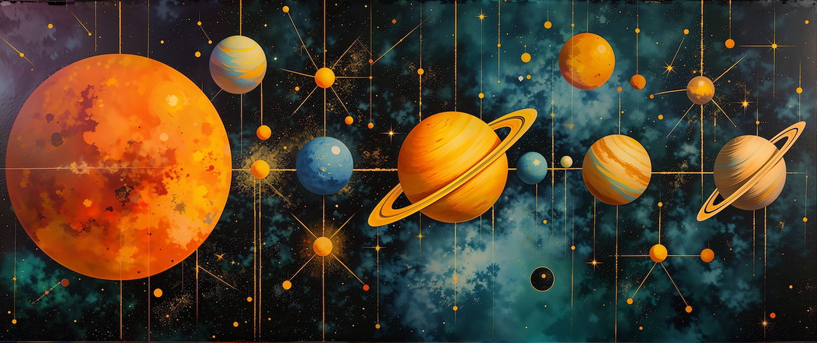Papier Peint Espace - Constellation de Planètes Dorées