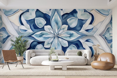 Papier Peint Floral - Kaléidoscope Bleu Porcelaine