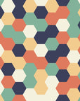 Papier Peint Géométrique - Hexagones Rétro Vert et Corail