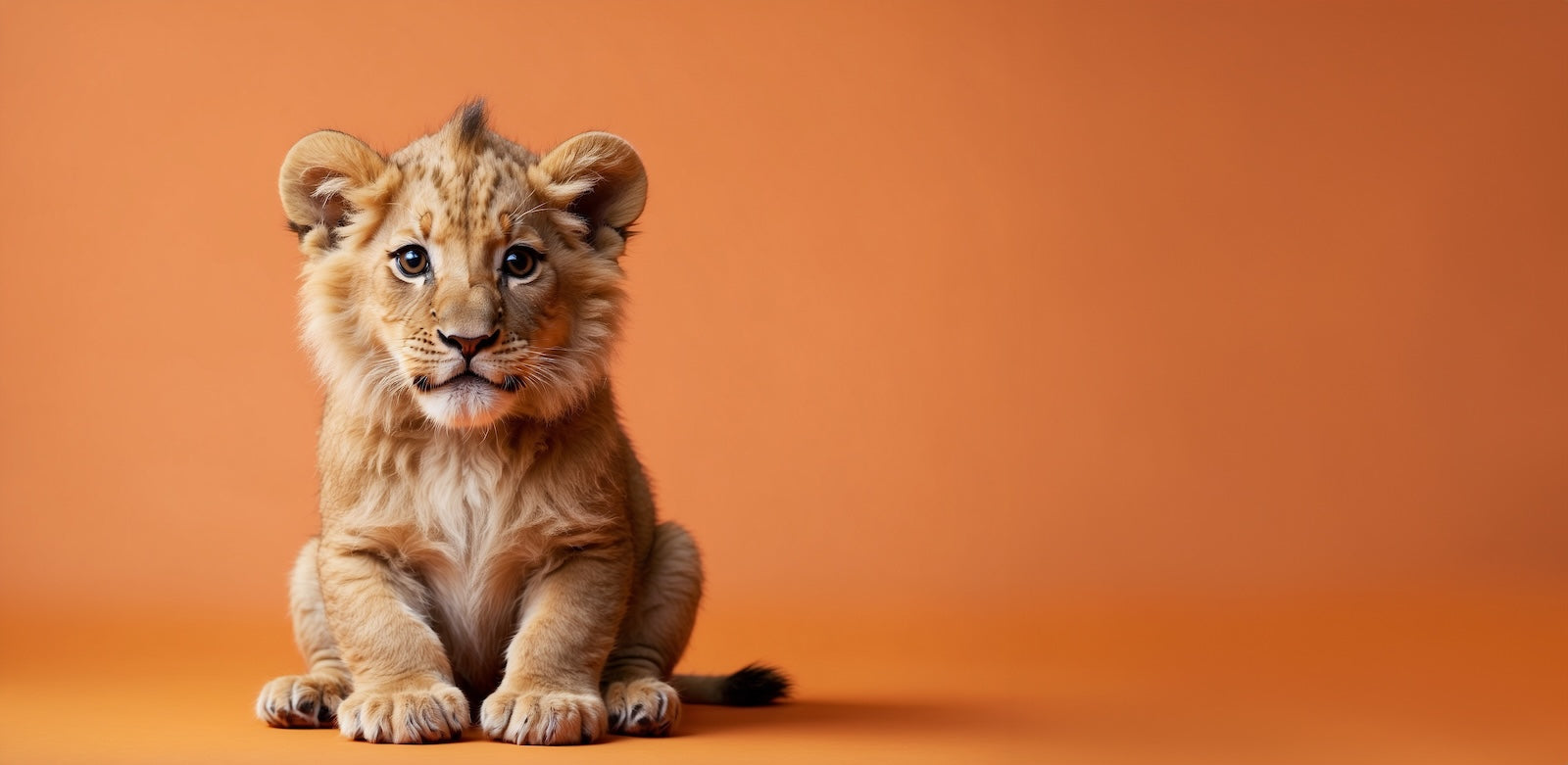 Papier Peint Animaux - Bébé Lion sur Fond Orange