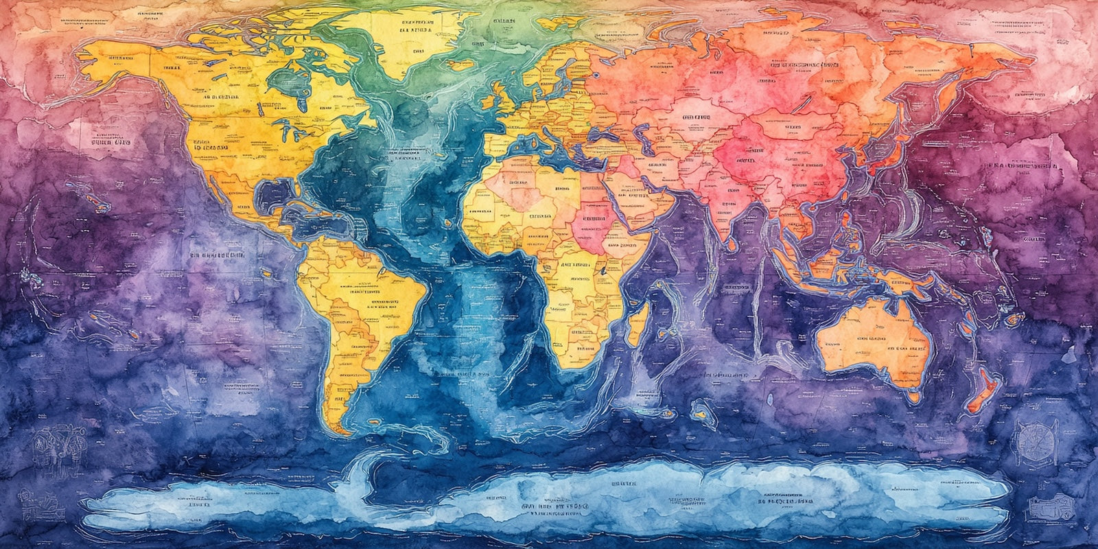 Papier Peint Carte du Monde - Aquarelle Multicolore Vibrante