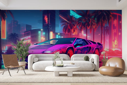 Papier Peint Miami - Voiture de Sport Néon