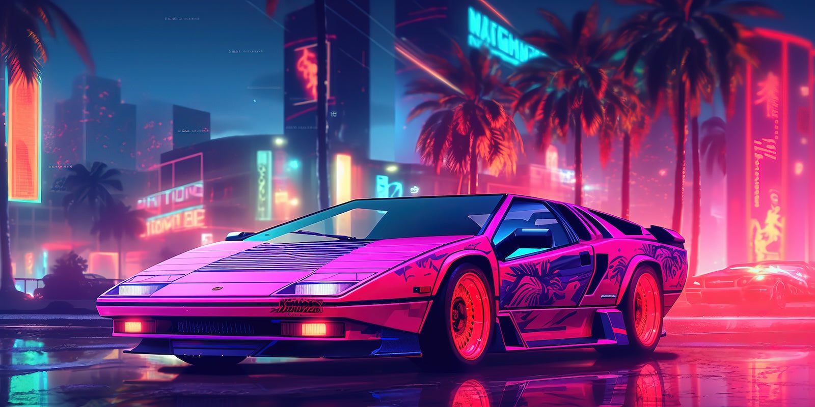 Papier Peint Miami - Voiture de Sport Néon