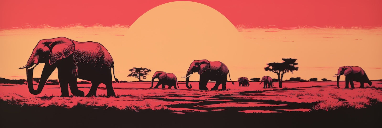 Papier Peint Animaux - Éléphants au Coucher de Soleil Rouge