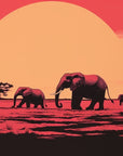 Papier Peint Animaux - Éléphants au Coucher de Soleil Rouge