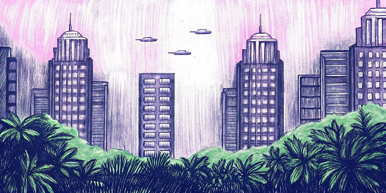 Papier Peint Illustration - Ville Futuriste et Soucoupes