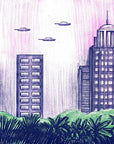 Papier Peint Illustration - Ville Futuriste et Soucoupes