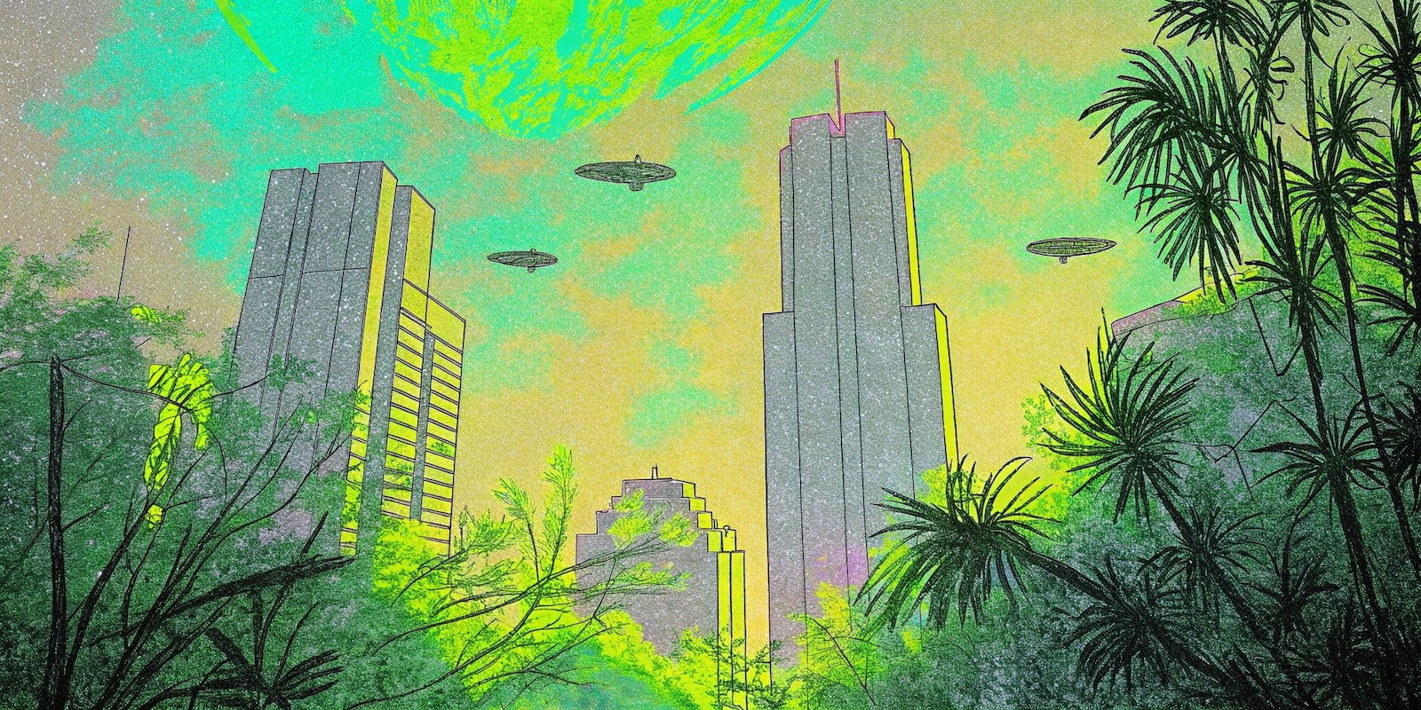 Papier Peint Illustration - Ville Futuriste Verte et Palmiers
