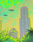 Papier Peint Illustration - Ville Futuriste Verte et Palmiers