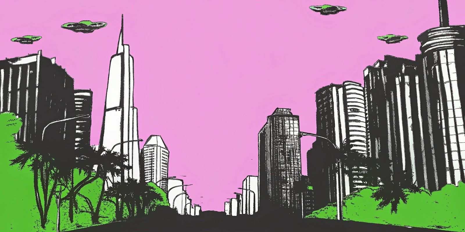 Papier Peint Pop Art - Skyline Rose et Soucoupes Volantes